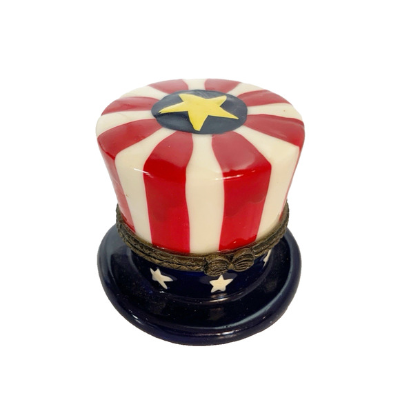 Patriotic American Uncle Sam Hat Hinged Lid Trinket Box with Star Trinket - Picture 1 of 6